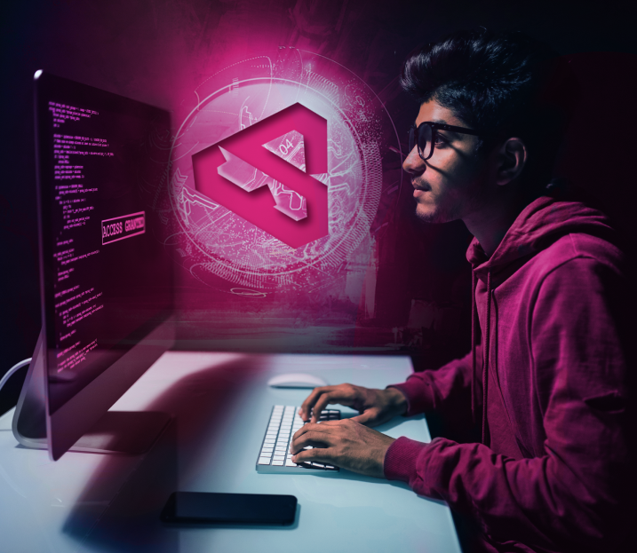 Image of man working in front of a computer with Linkd logo between the man and the computer